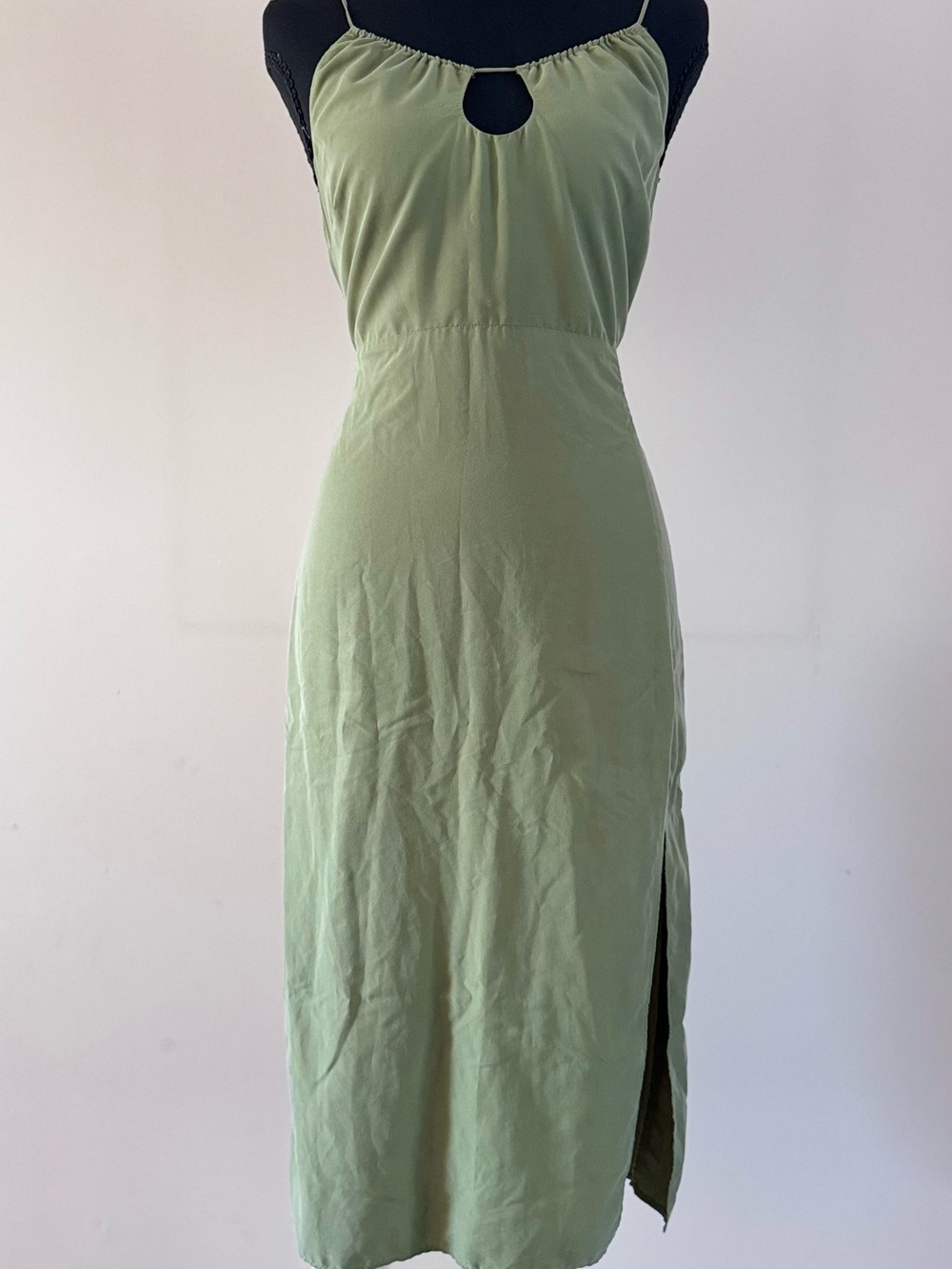 Abercrombie & Fitch Sage Green Midi Slip Dress with Keyhole and Slit